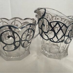 Glass Creamer/ Sugar Bowl VTG Silver Overlay Art Nouveau Design